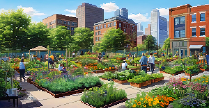 A community garden in Jersey City filled with various plants and flowers, with residents actively gardening in bright sunlight and eco-friendly buildings in the background.
