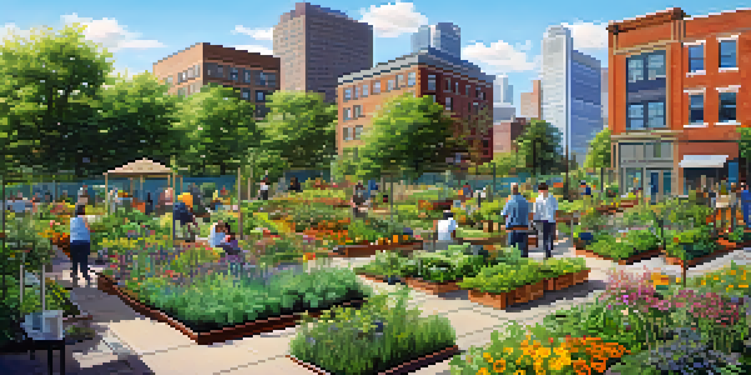 A community garden in Jersey City filled with various plants and flowers, with residents actively gardening in bright sunlight and eco-friendly buildings in the background.