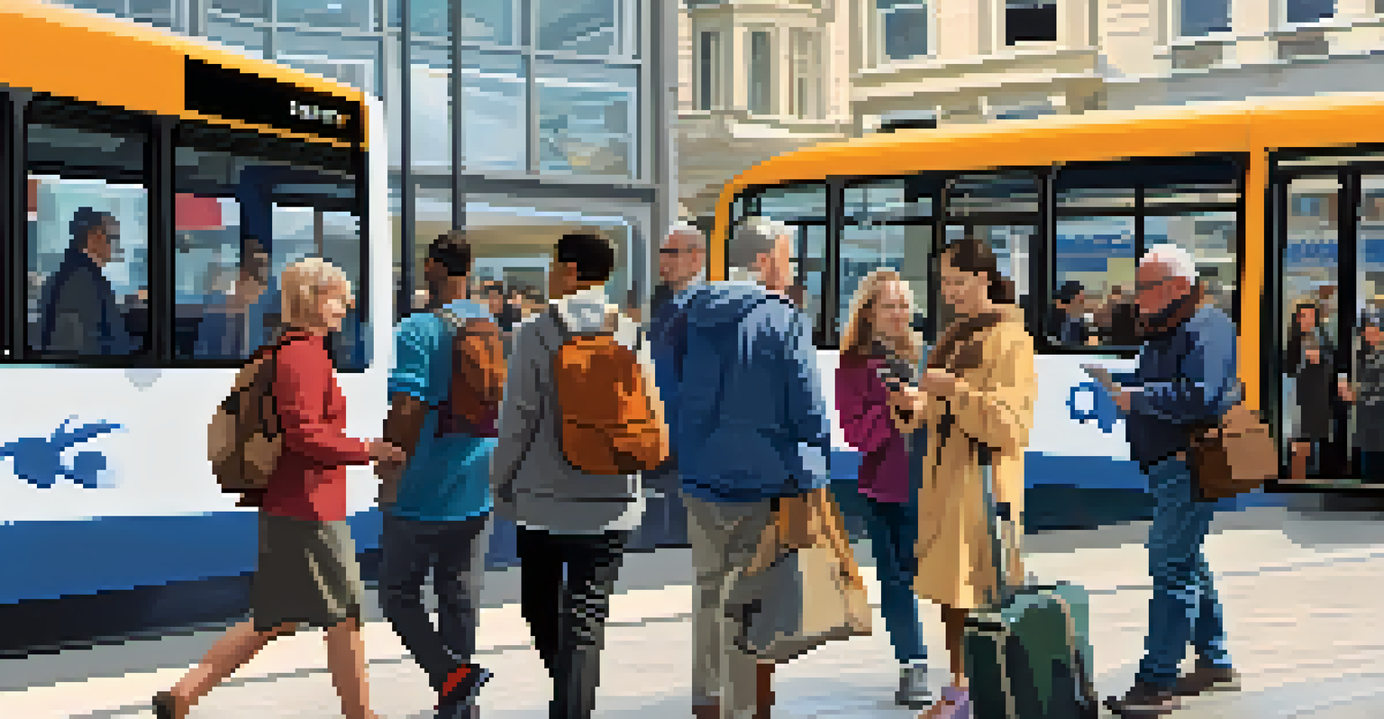A diverse group of people using a mobile app to navigate public transport in Jersey, highlighting accessibility for all.