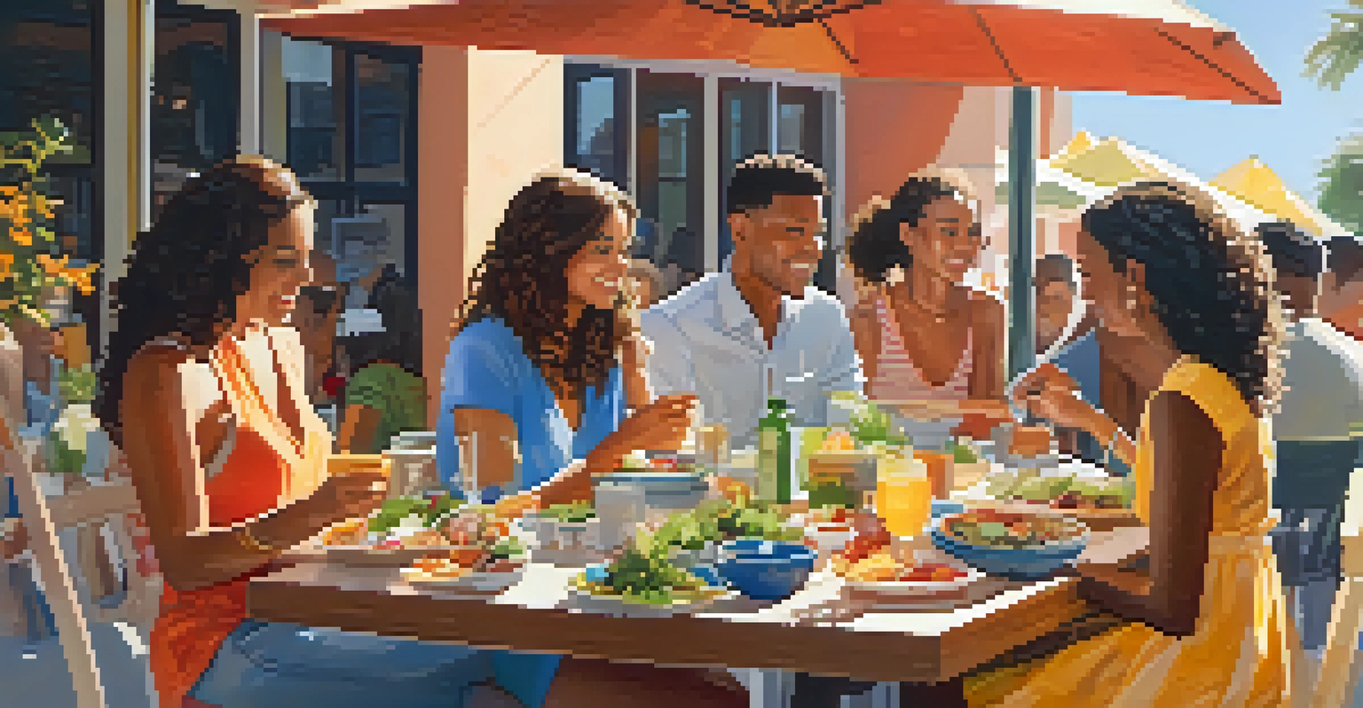 A lively outdoor brunch scene at The Beacon with friends sharing a table filled with a breakfast burrito and salads, surrounded by bright sunlight and modern decor.