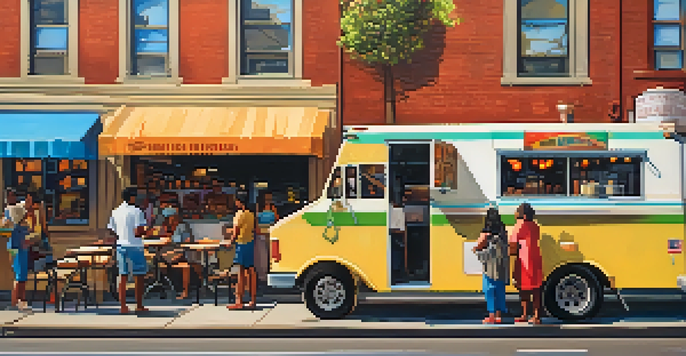 A lively street food scene in Jersey City with food trucks, diverse vendors, and people enjoying meals in a vibrant urban setting.