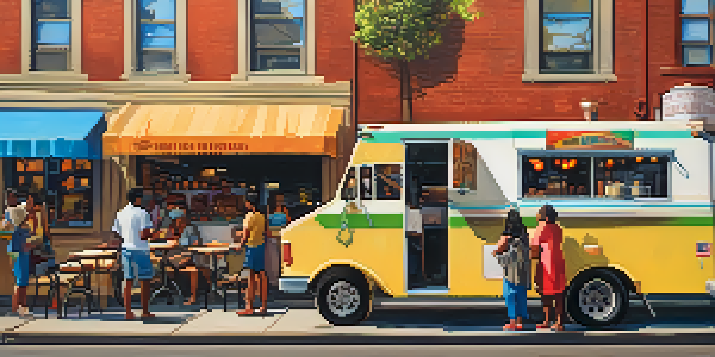 A lively street food scene in Jersey City with food trucks, diverse vendors, and people enjoying meals in a vibrant urban setting.