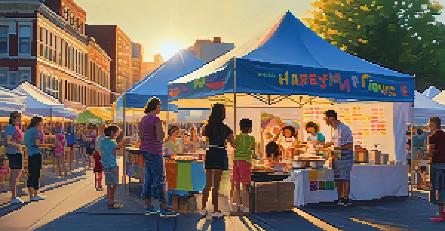 Families enjoying a Jersey City food festival, with children engaged in face painting and parents sampling food, all under a warm sunset glow.