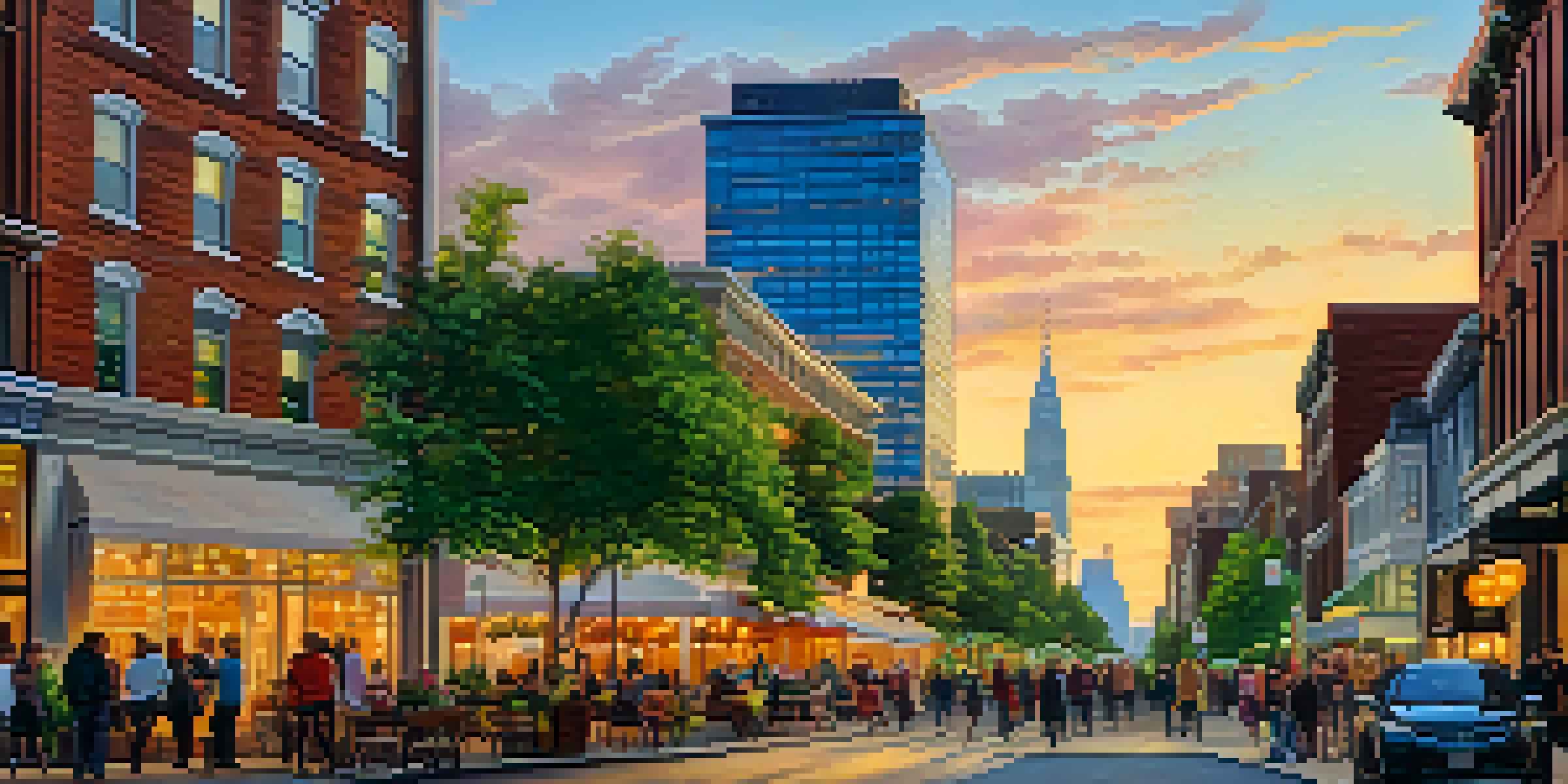 An urban landscape of Jersey City at sunset, featuring modern skyscrapers and historical buildings, with people at outdoor cafes and blooming flowers.