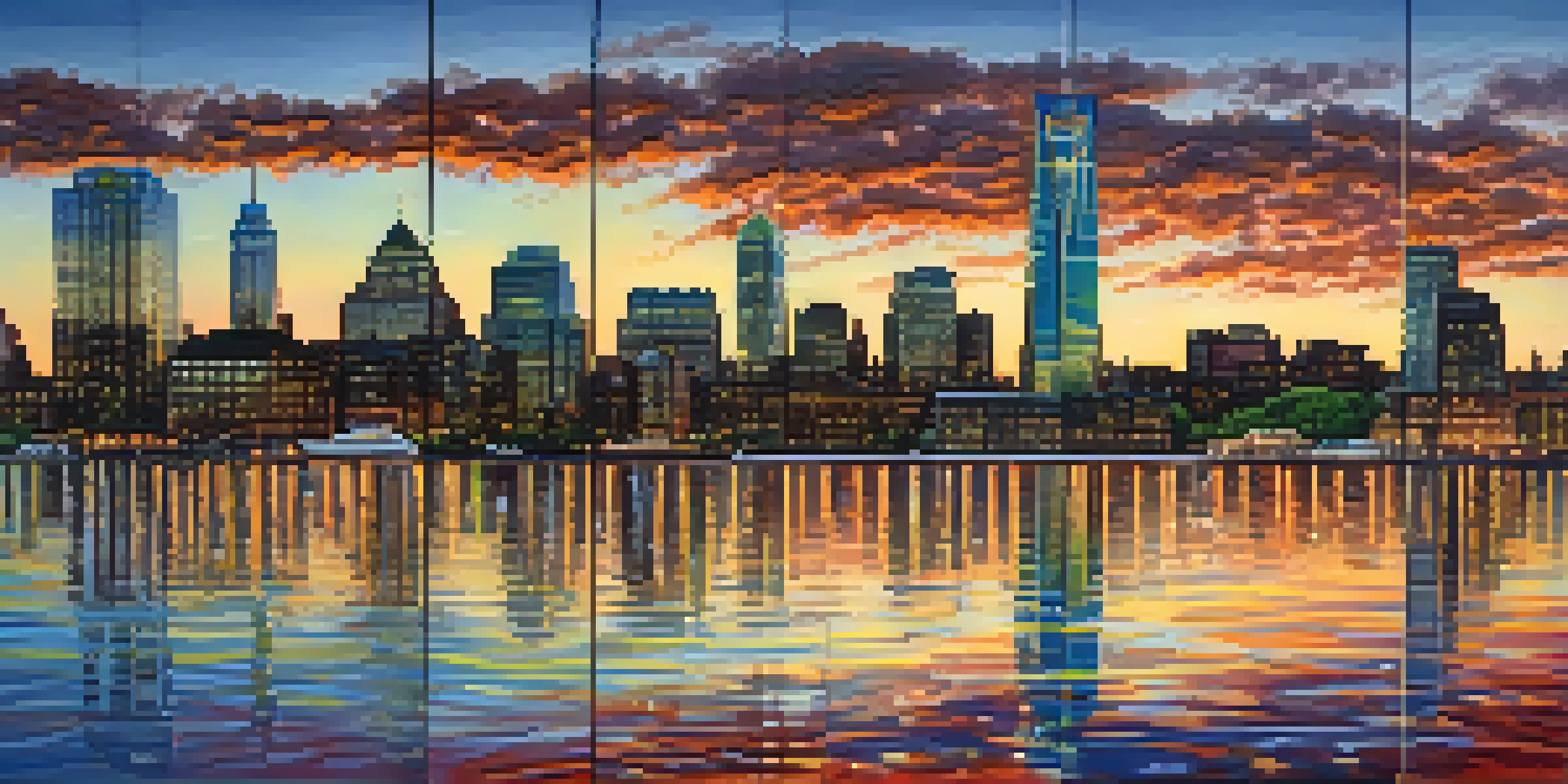 A sunset view of Jersey City's skyline with tall buildings and the Hudson River in the foreground.