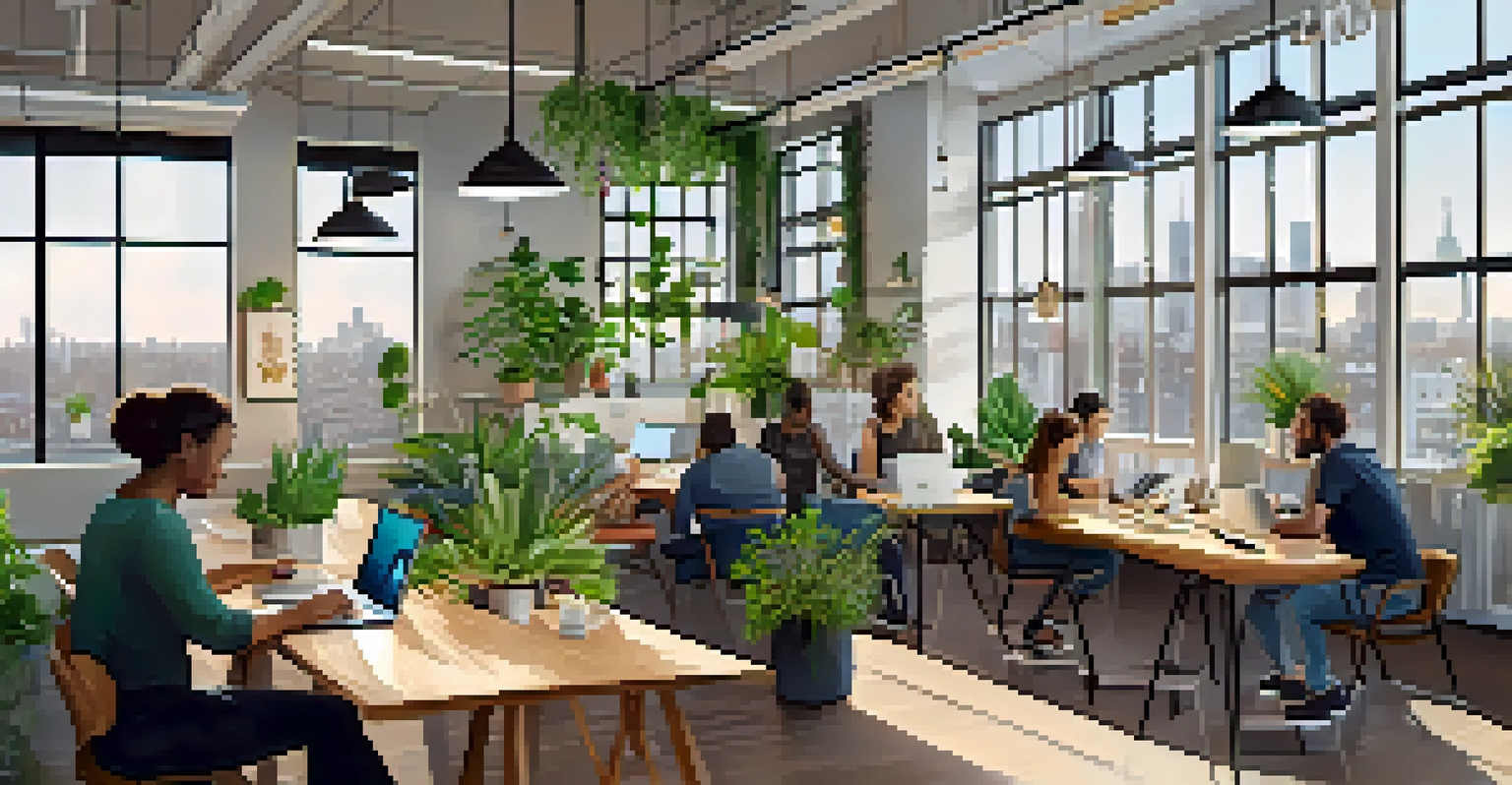 A busy co-working space in Jersey City with diverse professionals collaborating.