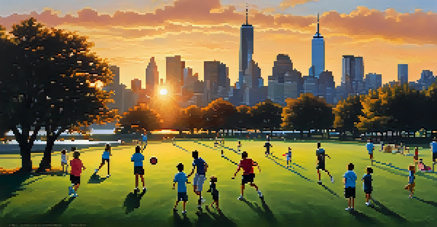 Families playing sports at sunset in J. Owen Grundy Park with the Manhattan skyline in the background.