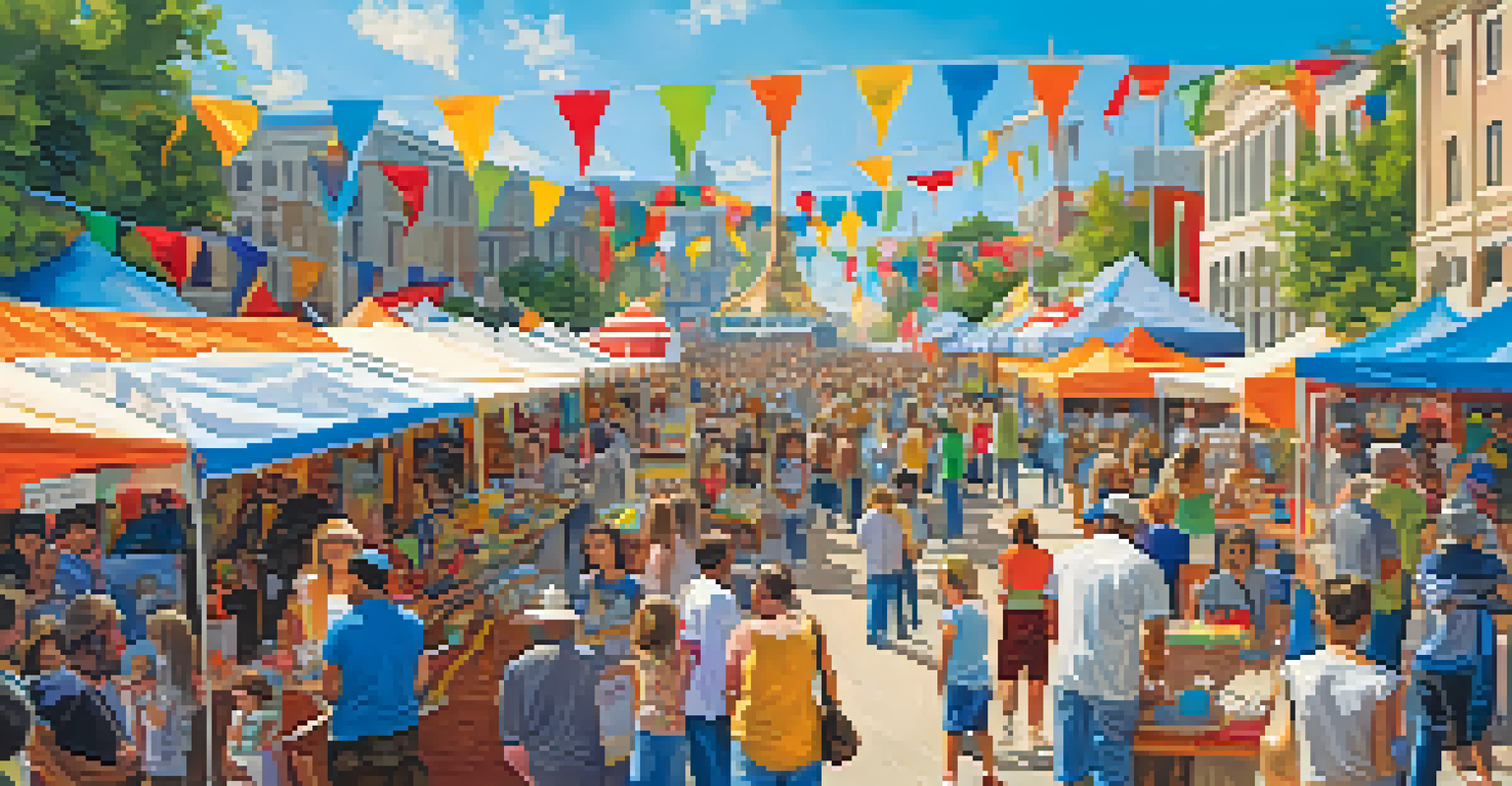 An outdoor art festival with artists demonstrating their work and families participating in workshops, set against a bright blue sky.