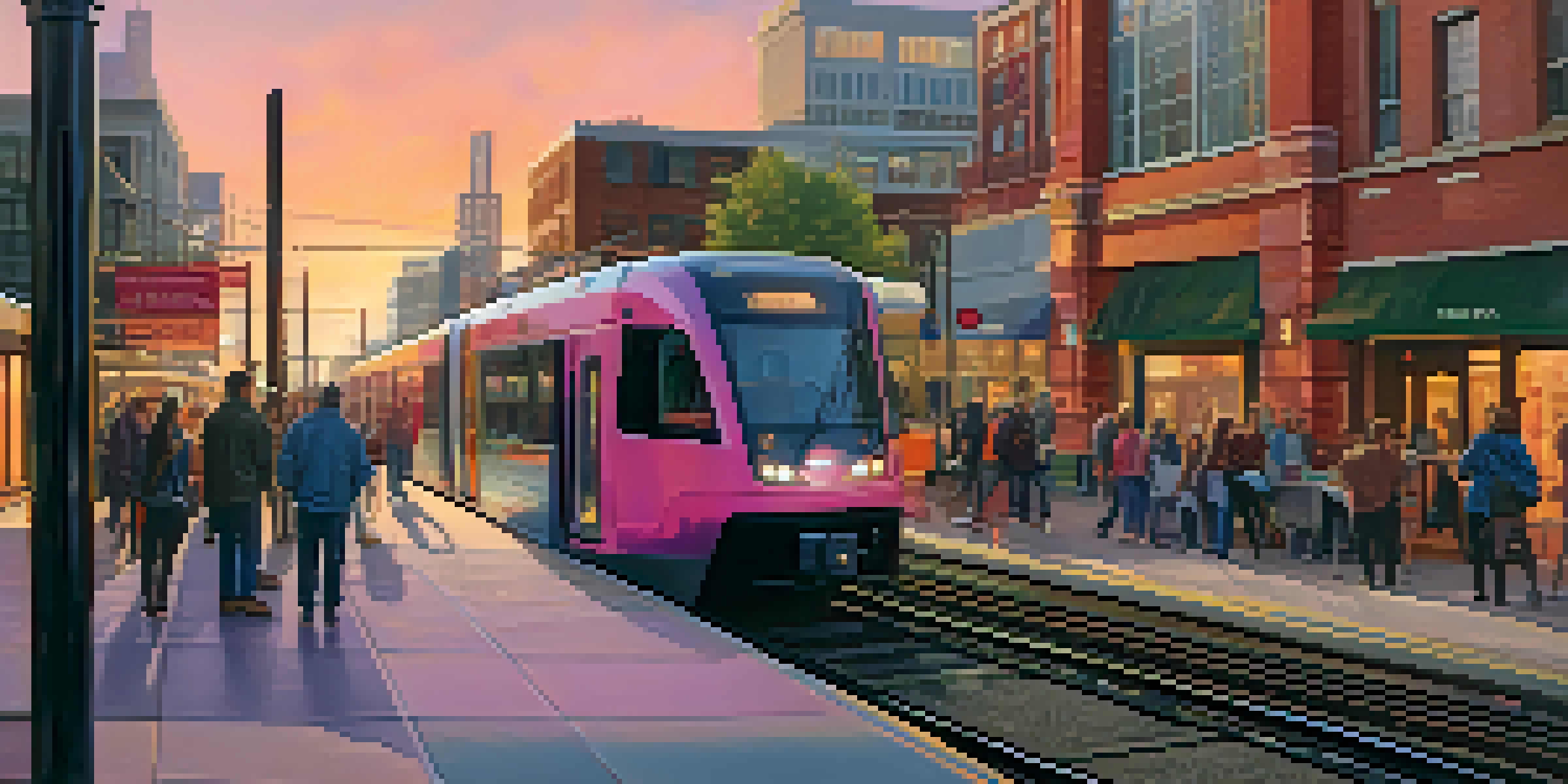 An urban scene in Jersey City with commuters at a light rail station and colorful storefronts during sunset.