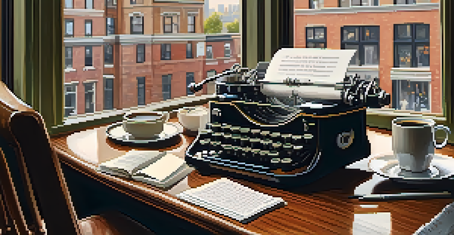 A close-up of a writer's hands on a vintage typewriter with scattered notes and a cup of coffee, and a view of Jersey City's streets through a window.