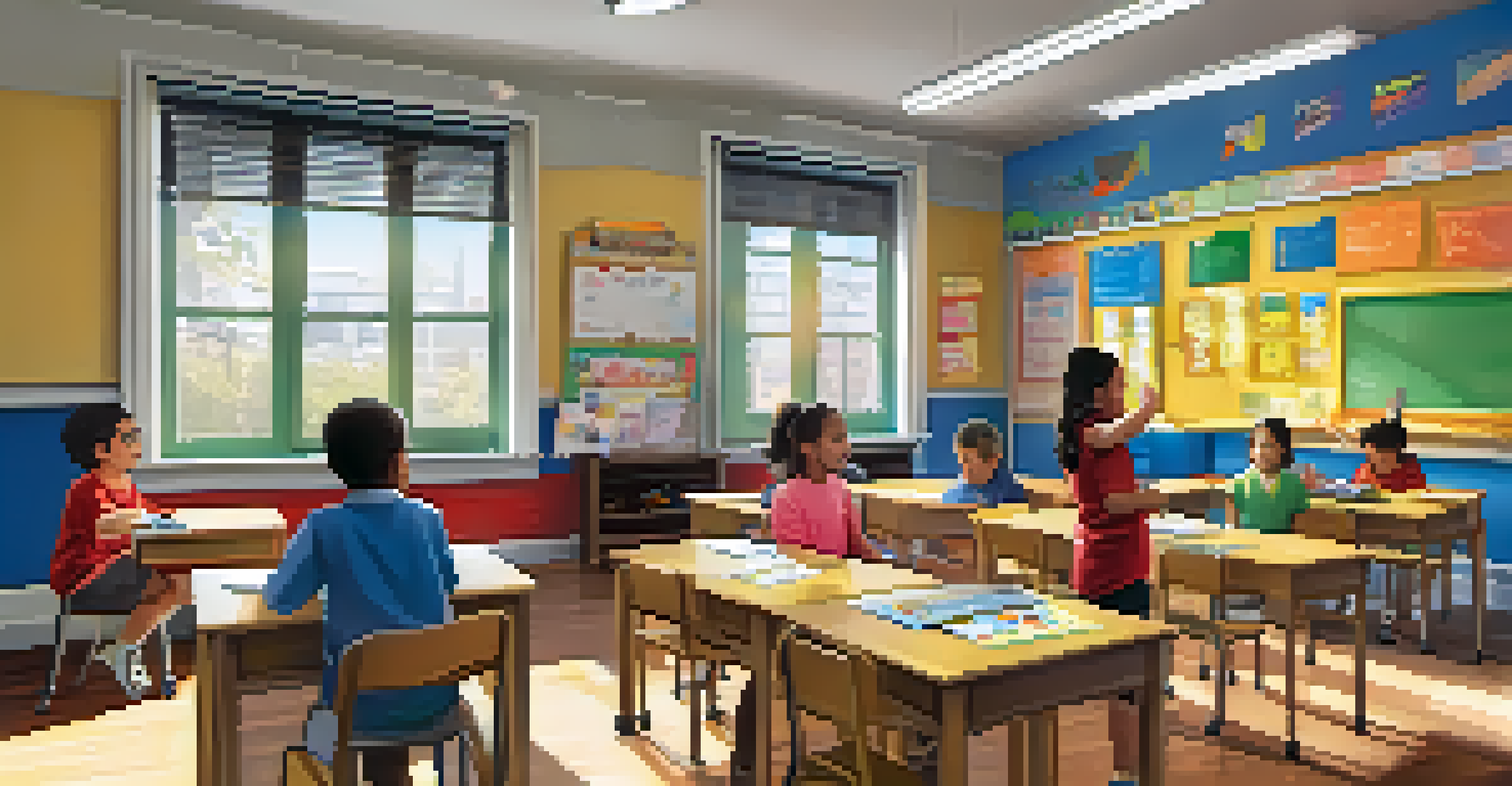 A classroom in Jersey City with children participating in a bilingual lesson, surrounded by educational materials in various languages.