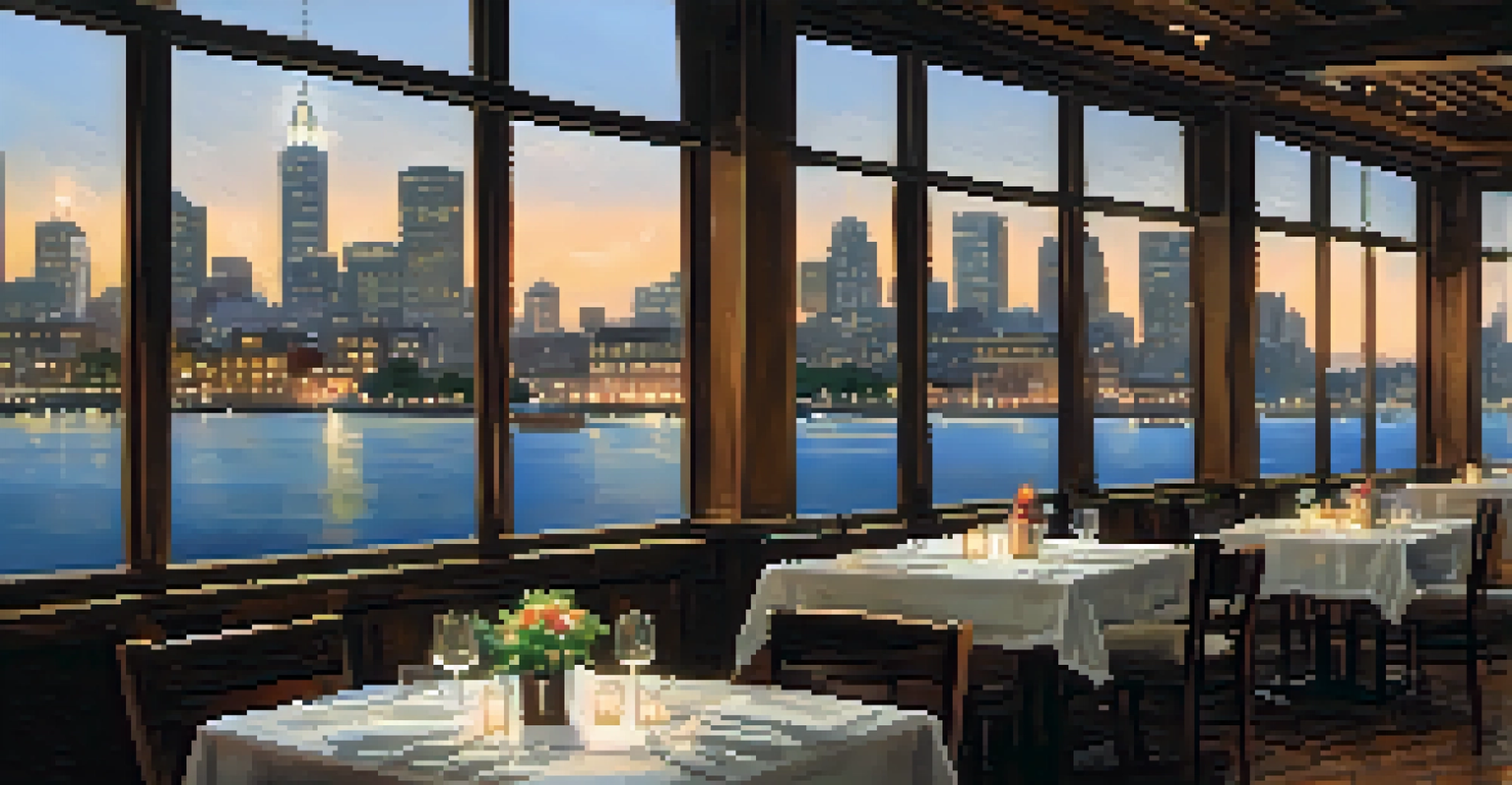 The cozy interior of Battello restaurant with wooden tables and warm lighting, overlooking the waterfront and city skyline.