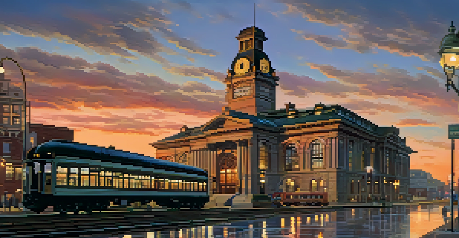 Central Railroad of New Jersey Terminal at dusk with a sunset sky, highlighting its ornate architecture and reflections in puddles.