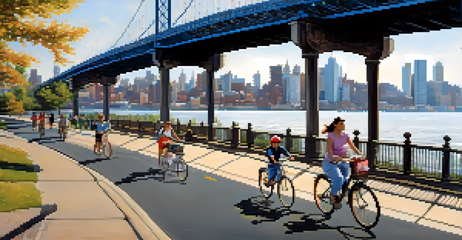Families biking along the Hudson River waterfront, enjoying the view of the river and Jersey City skyline, with colorful public art installations nearby.