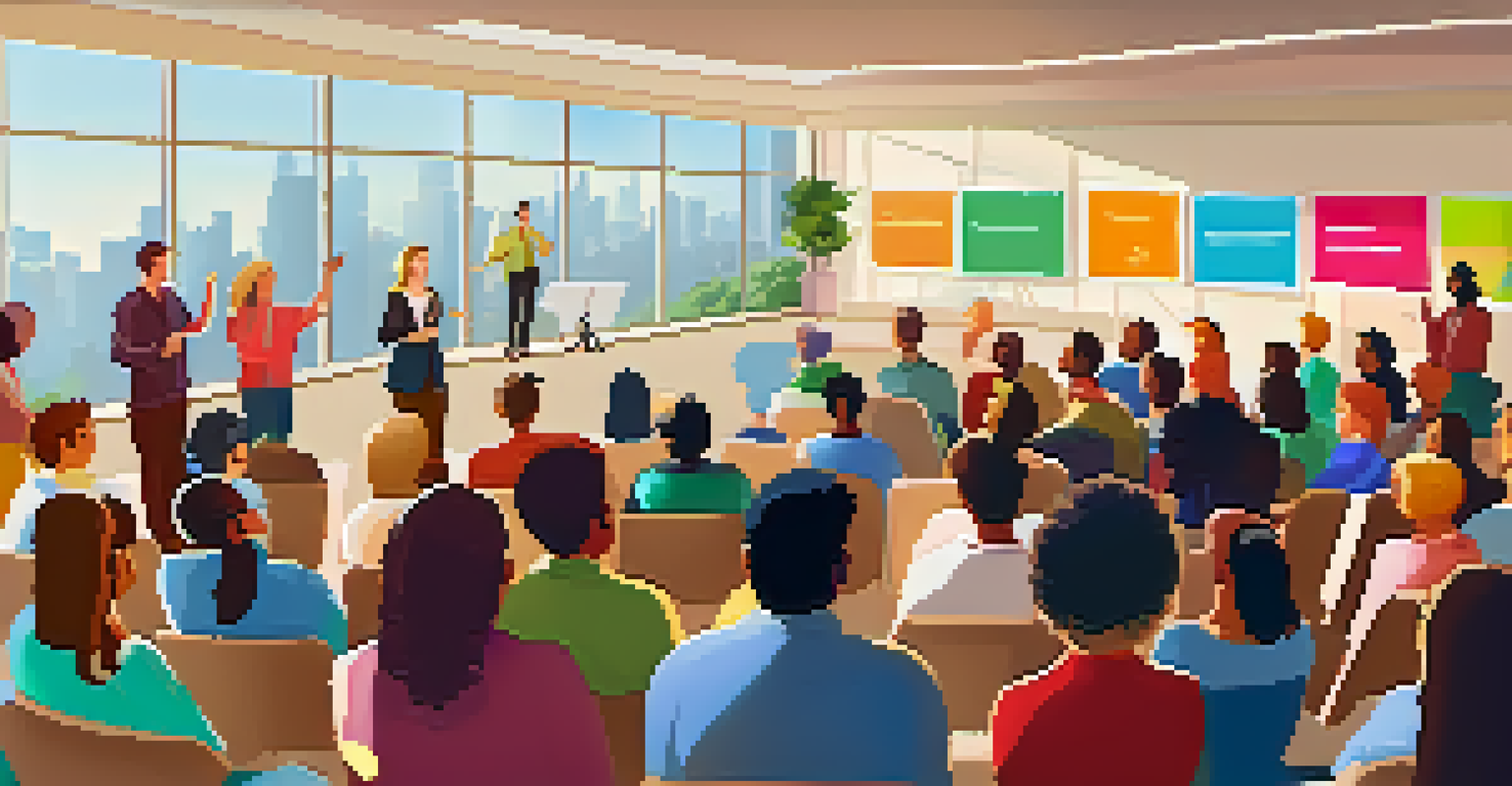 An interactive public speaking workshop with a facilitator engaging participants in discussion, surrounded by colorful posters.