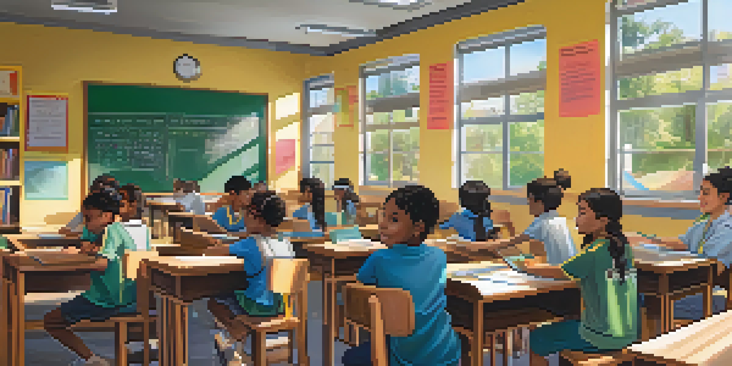 A lively classroom with diverse students participating in remote learning, sunlight shining through the windows, and a teacher on the screen.