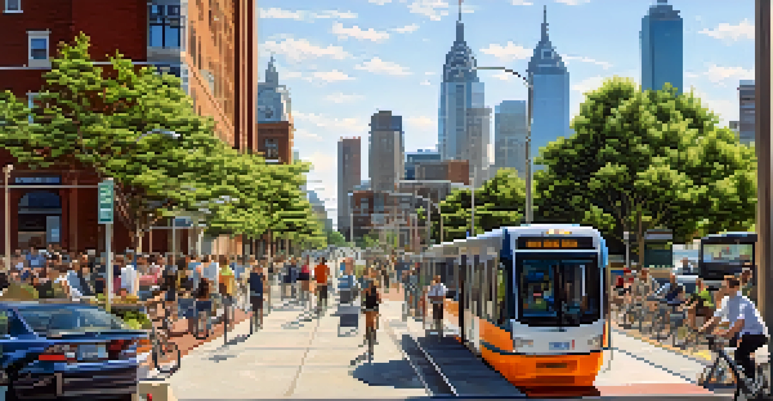 A panoramic view of Jersey City skyline with pedestrians and cyclists enjoying a sunny day and greenery.
