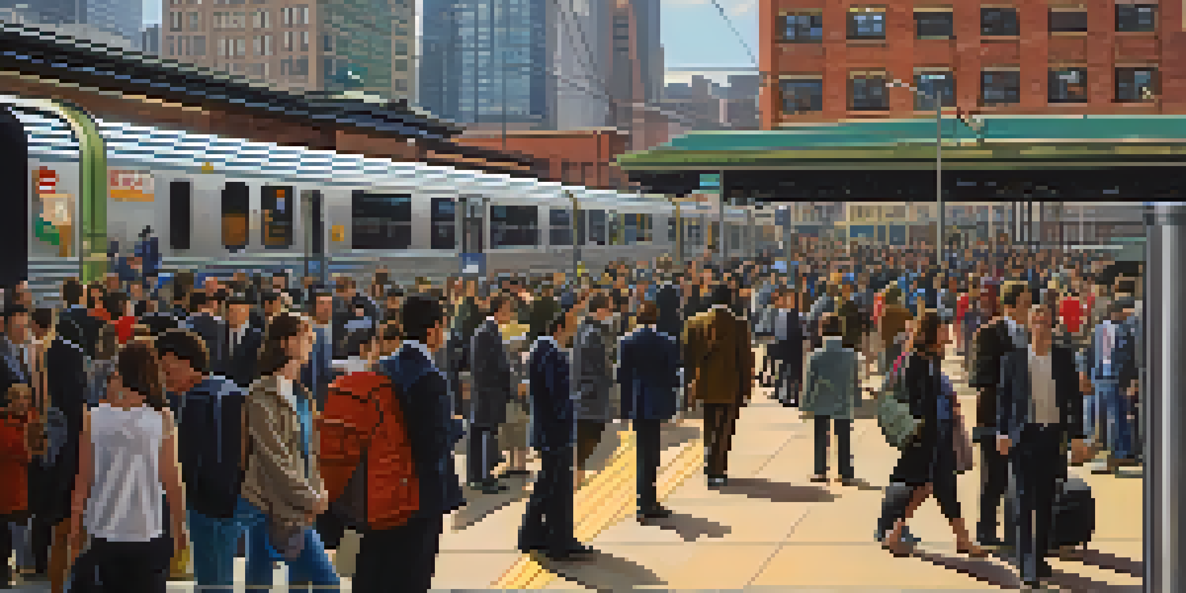 A busy train station in Jersey City with diverse commuters waiting for the PATH train, modern architecture, and bright overhead lights.