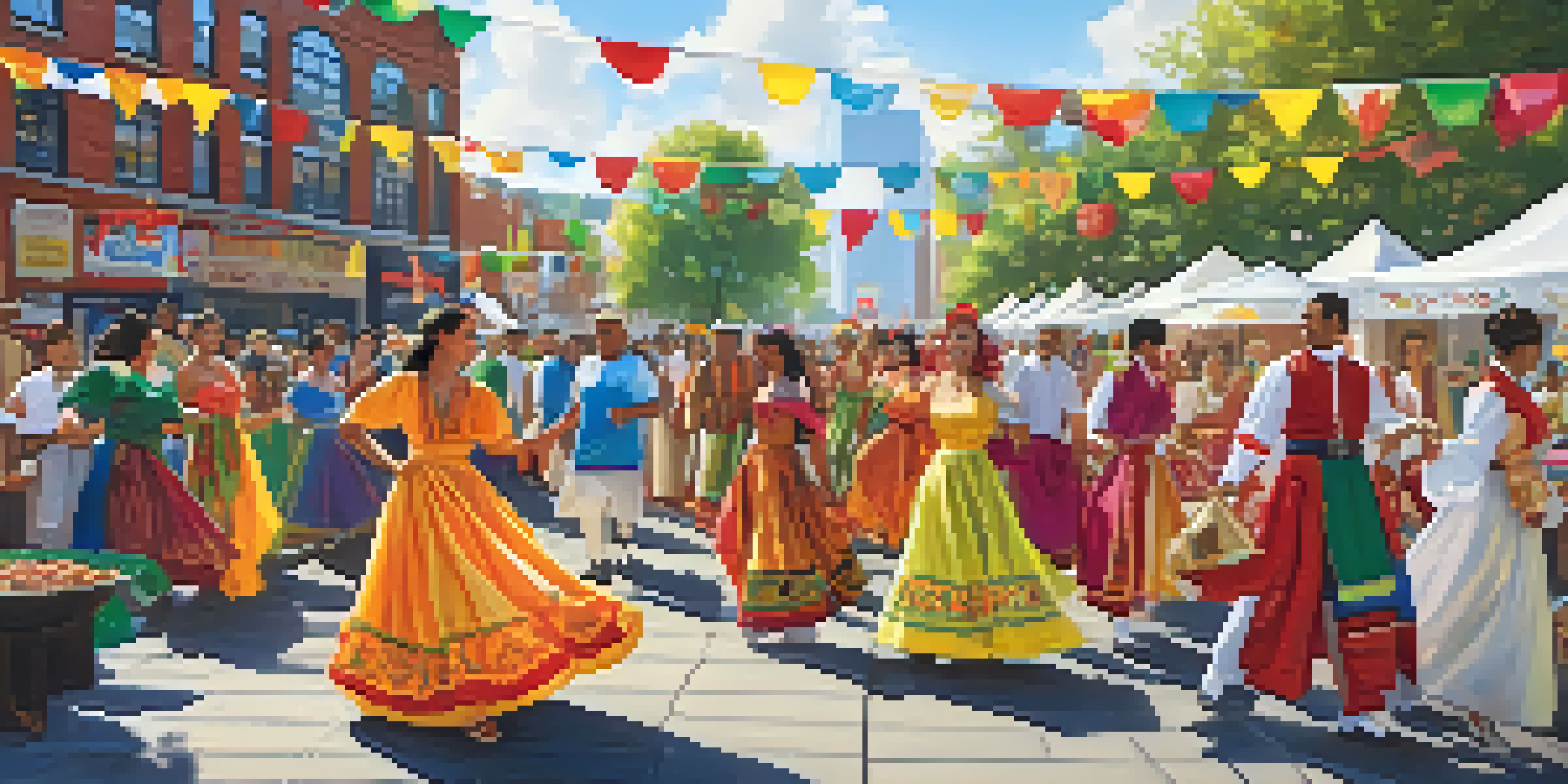 A multicultural festival in Jersey City with people in colorful costumes dancing and food stalls offering various cuisines under warm sunlight.