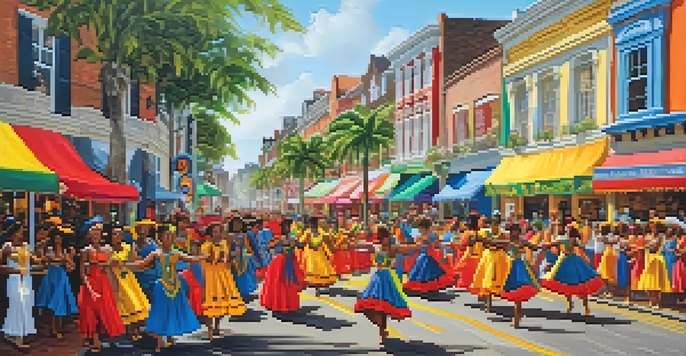 A lively street scene at the Jersey Carnival with dancers in colorful costumes, festive decorations, and a crowd enjoying the celebration.