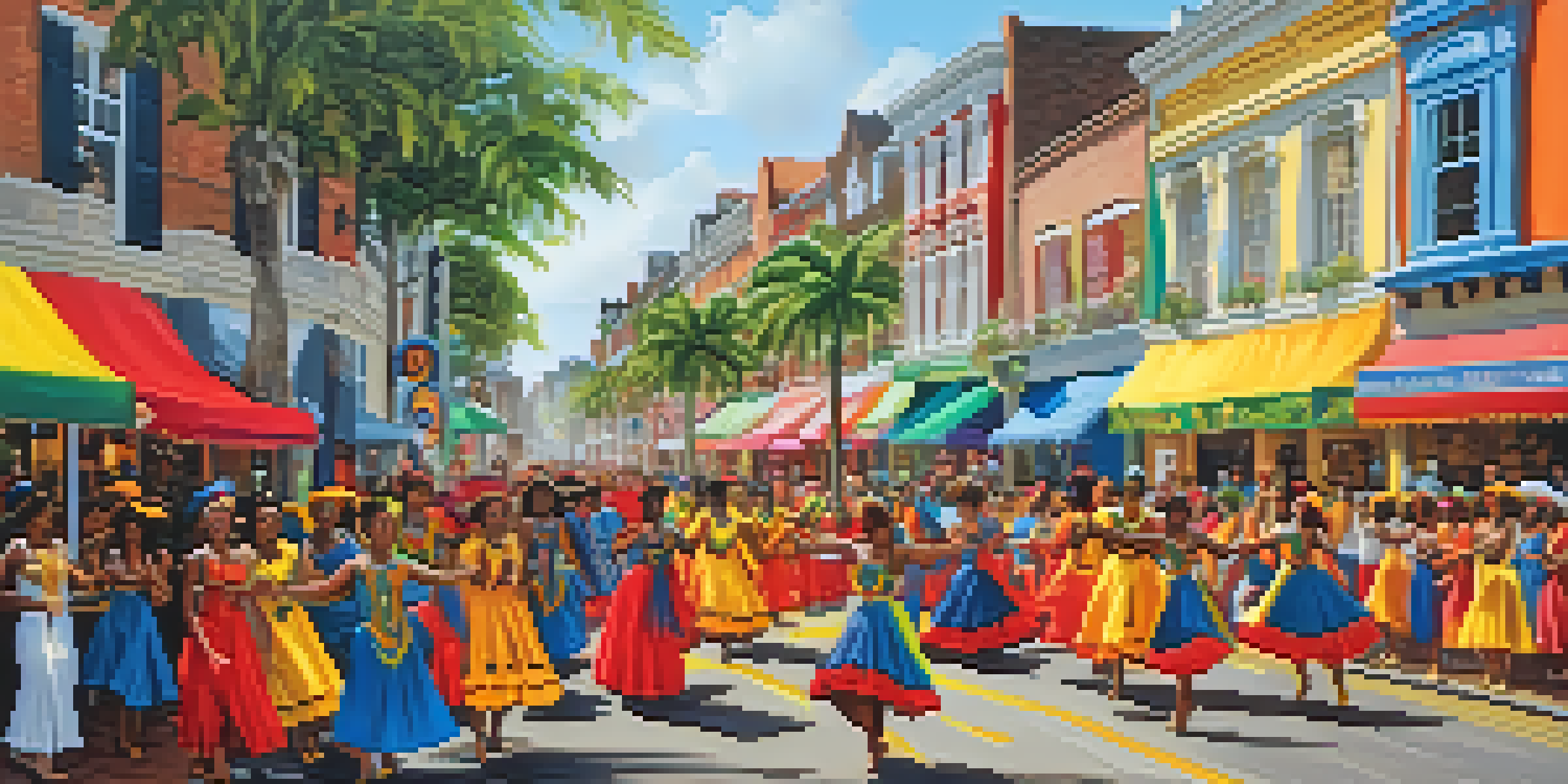 A lively street scene at the Jersey Carnival with dancers in colorful costumes, festive decorations, and a crowd enjoying the celebration.