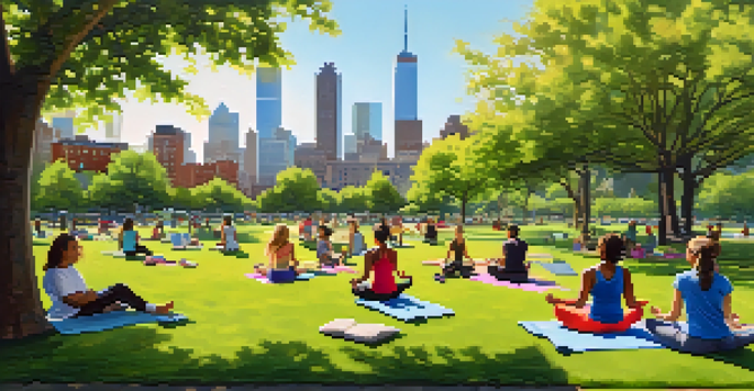 A lively urban park filled with people engaging in activities like yoga and picnicking, surrounded by greenery and colorful flowers, with Jersey City's skyline in the background.