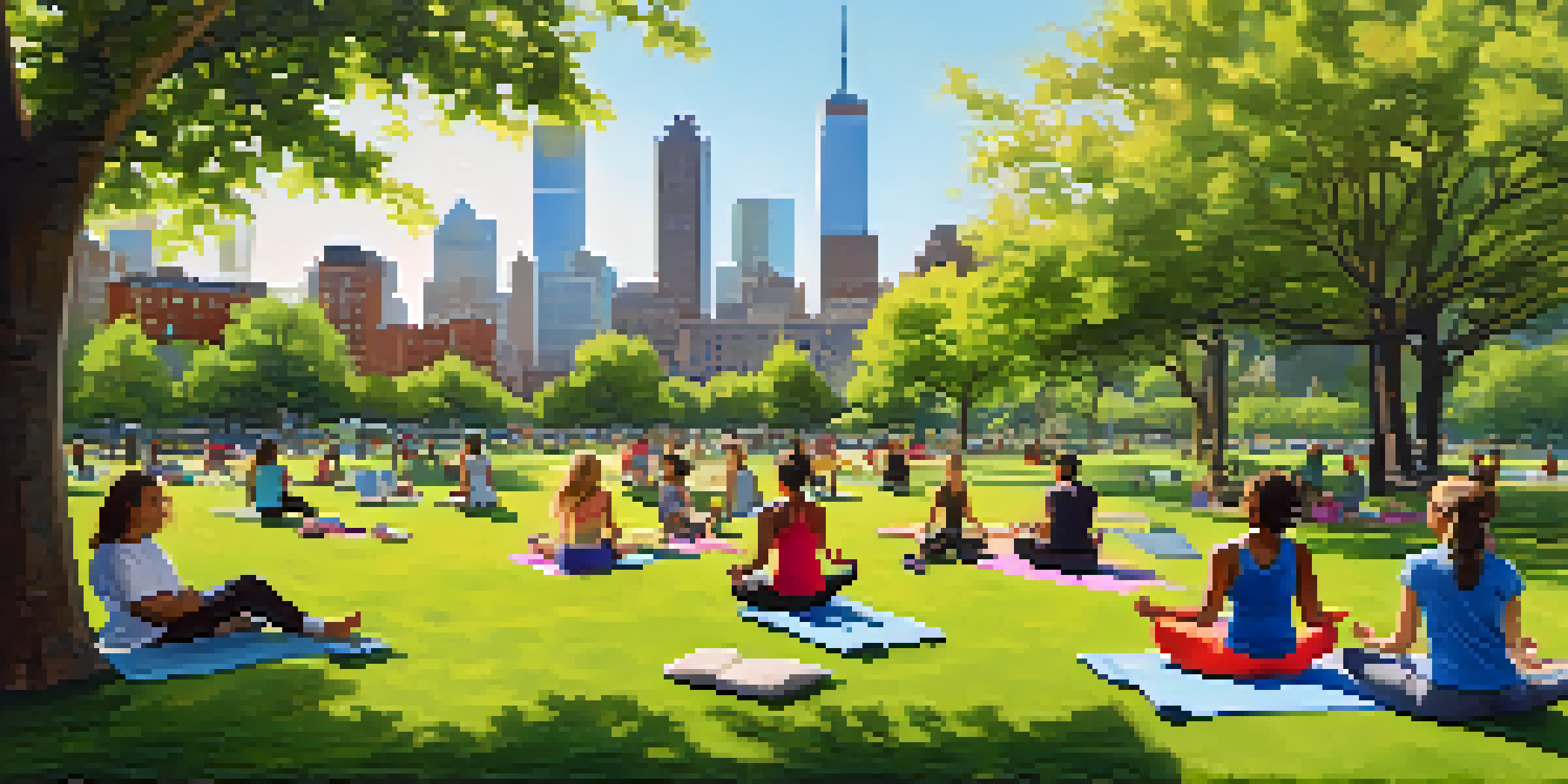 A lively urban park filled with people engaging in activities like yoga and picnicking, surrounded by greenery and colorful flowers, with Jersey City's skyline in the background.
