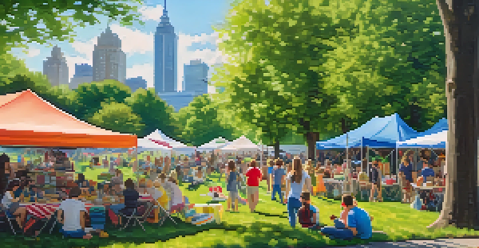 A lively community event in a park with families having picnics, children playing, and local vendors selling food and crafts.