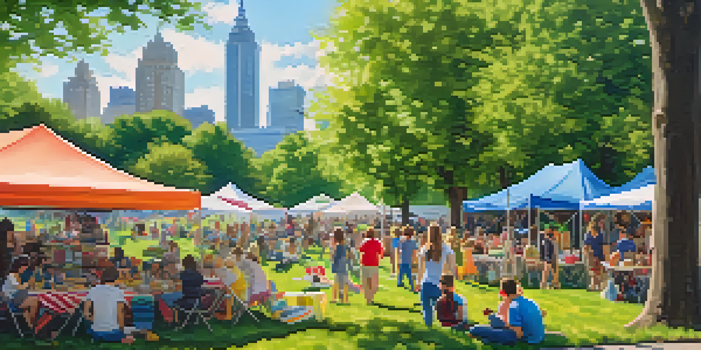 A lively community event in a park with families having picnics, children playing, and local vendors selling food and crafts.
