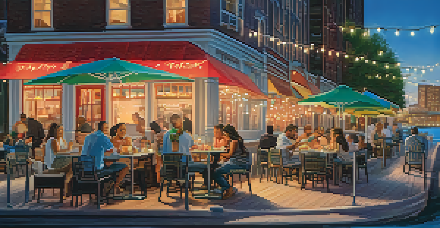 A family dining outdoors on the Jersey City Boardwalk, enjoying a meal with a view of the waterfront as evening approaches.
