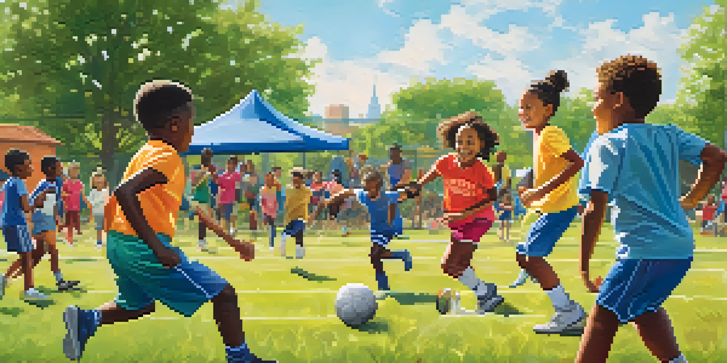 Children playing soccer and basketball at a summer camp in Jersey City, with a sunny day and green fields.