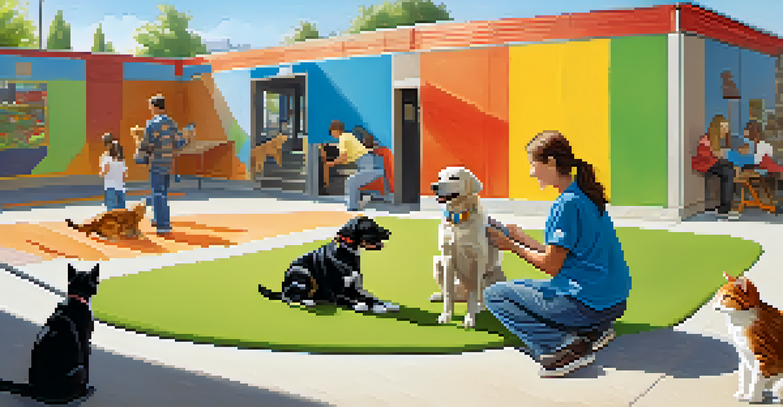 Volunteers interacting with playful dogs and cats at a local animal shelter, with bright colors and a welcoming atmosphere.