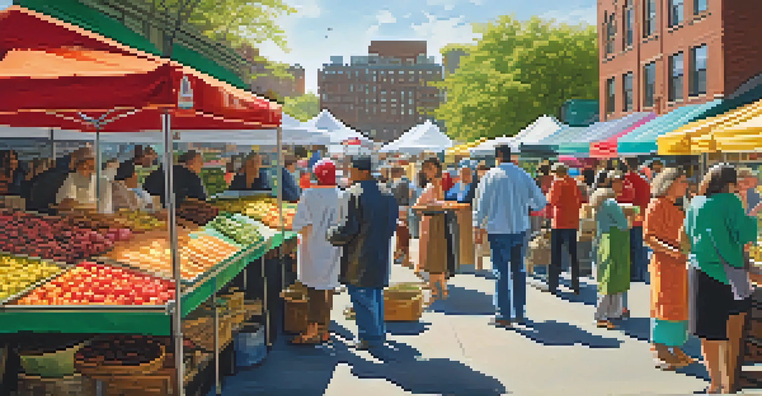 A bustling market scene in Jersey City featuring vendors and customers enjoying a variety of cultural cuisines, with colorful fruits and traditional dishes displayed under sunlight filtering through canopies.