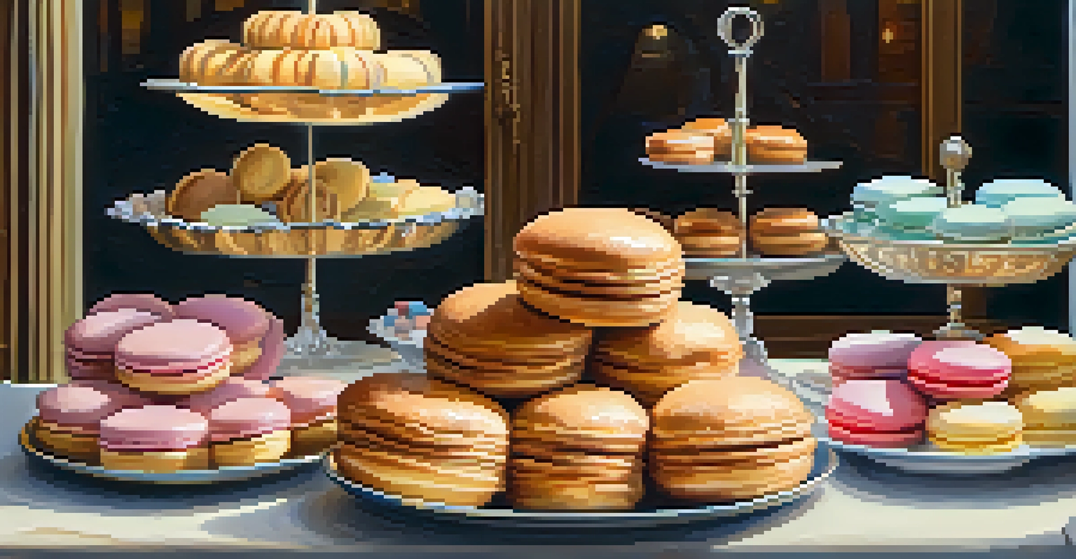 A close-up view of a French bakery showcasing flaky croissants, colorful macarons, and artisanal chocolates in a warm, inviting setting.