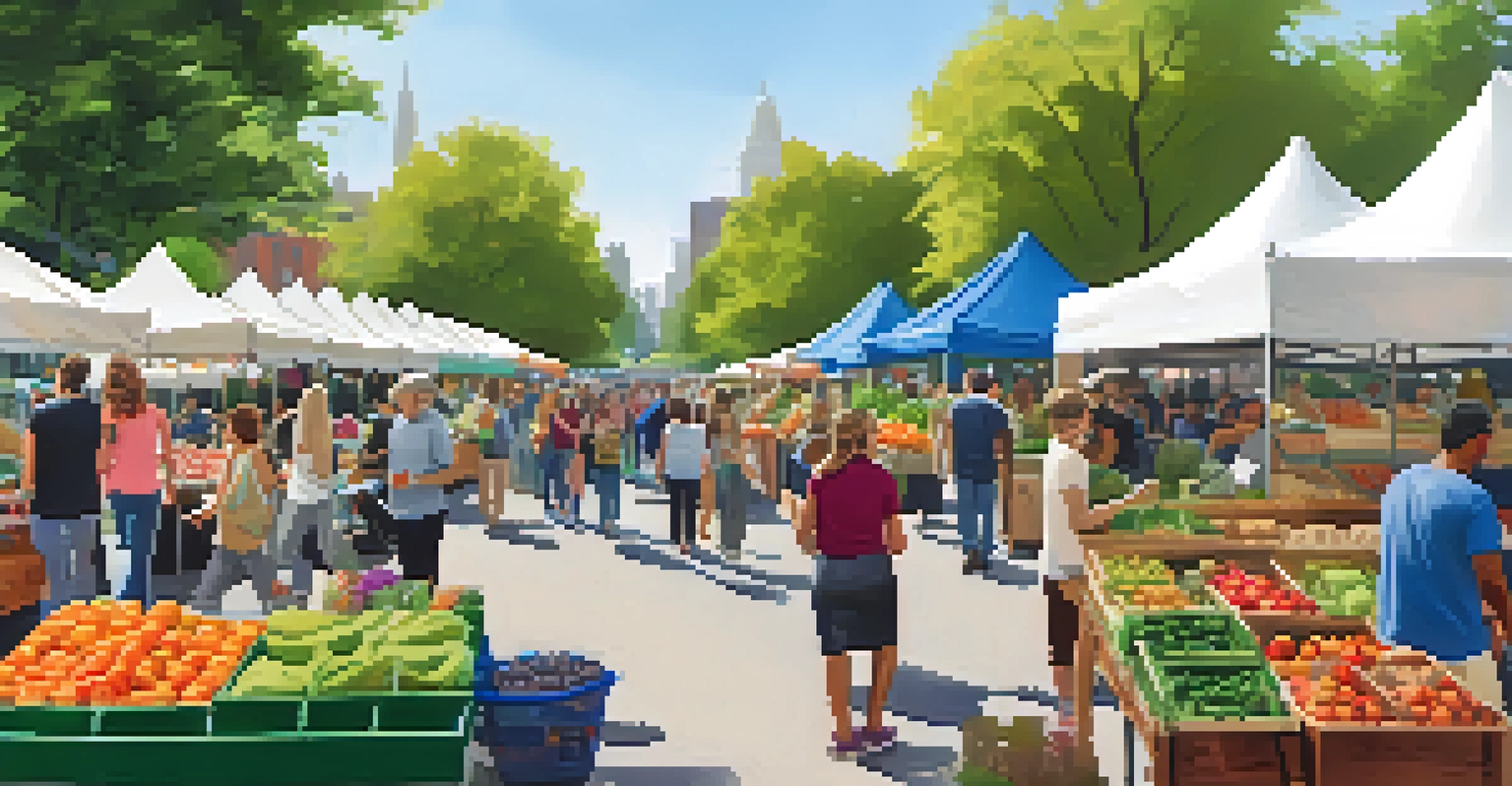 A farmers market in a park with fresh produce, artisanal goods, and families enjoying live music and shopping.