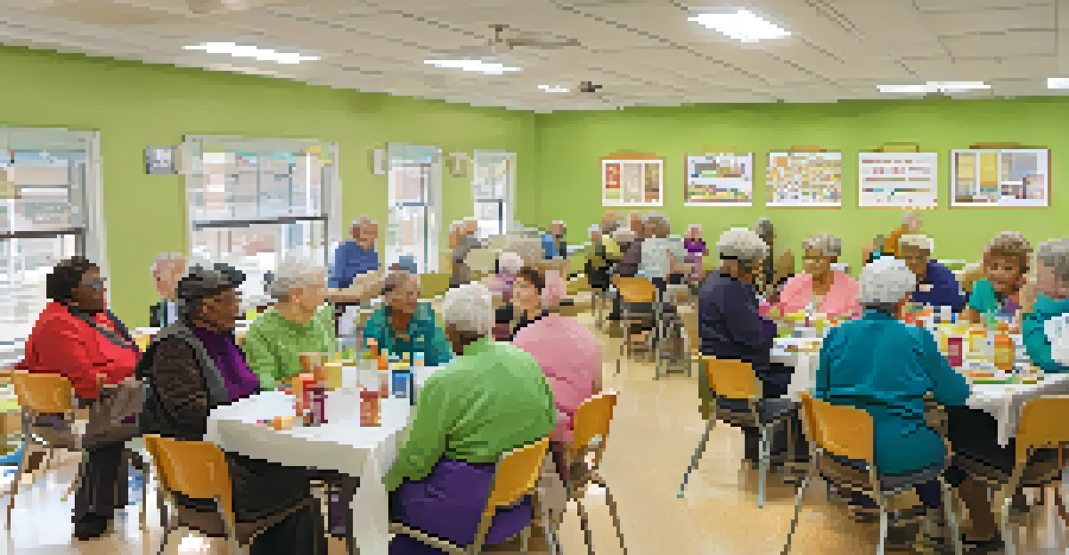 Inside a community center in Jersey City, seniors are attending a nutrition workshop, with bright decor and healthy food samples being shared.