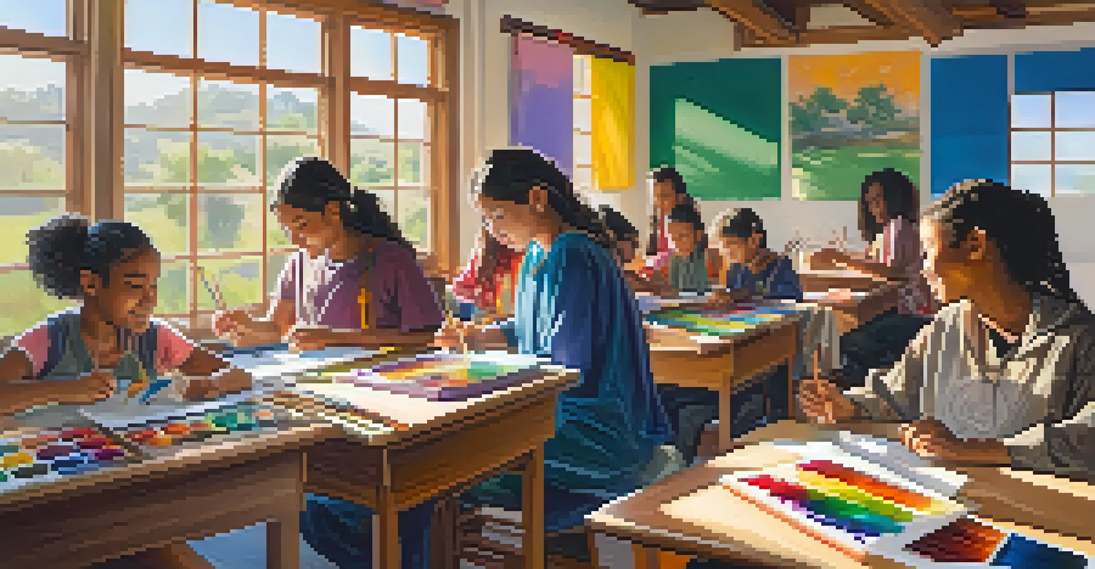 Students of diverse backgrounds in a classroom working on traditional crafts, surrounded by colorful art supplies and sunlight streaming in.