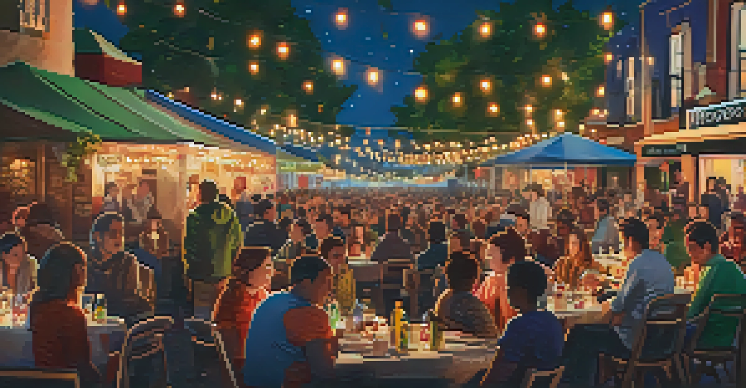 An outdoor film festival scene with a diverse audience enjoying a film under fairy lights, surrounded by food stalls and colorful cushions.