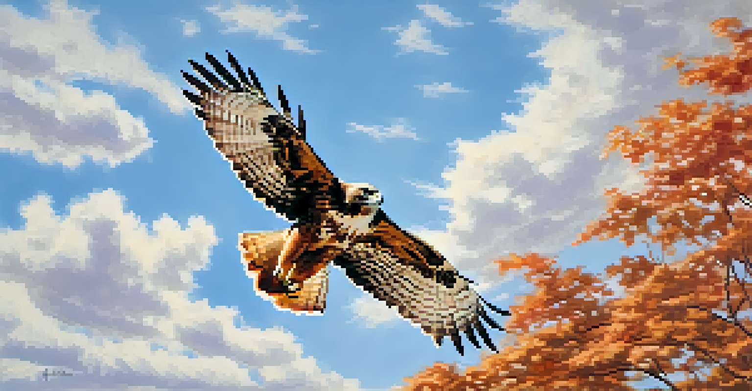 A Red-tailed Hawk glides through a clear blue sky, showcasing its red tail and wings spread wide.