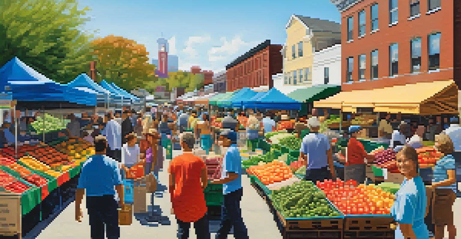 A vibrant farmer's market in Jersey City with families buying fresh produce from local farmers under a clear blue sky.