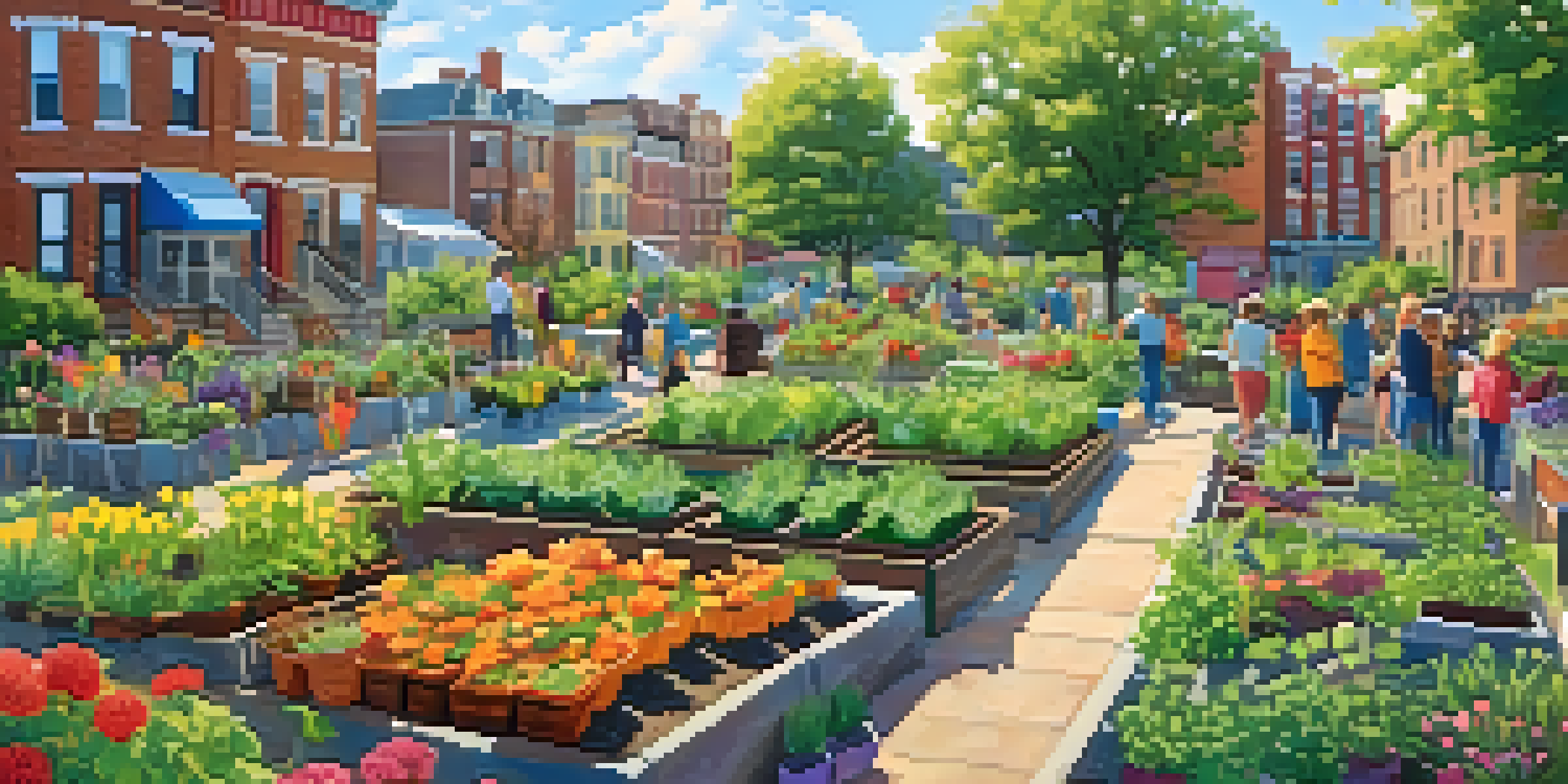 A community garden with residents planting flowers and vegetables in Jersey City, under a sunny blue sky.