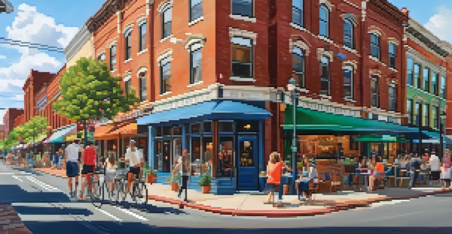 A lively street view in the Powerhouse Arts District of Jersey City, featuring retail shops, pedestrians, and colorful murals.
