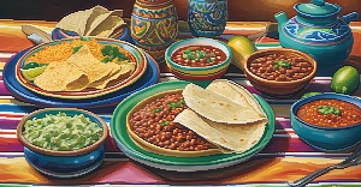 A table filled with colorful Mexican dishes, including tacos and enchiladas, set in a warm and inviting atmosphere.
