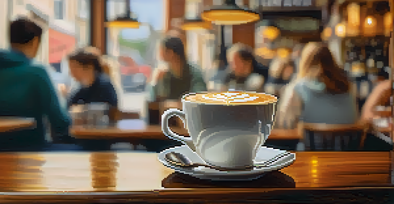A close-up of latte art in a ceramic cup on a wooden table, with a bustling cafe atmosphere in the background.