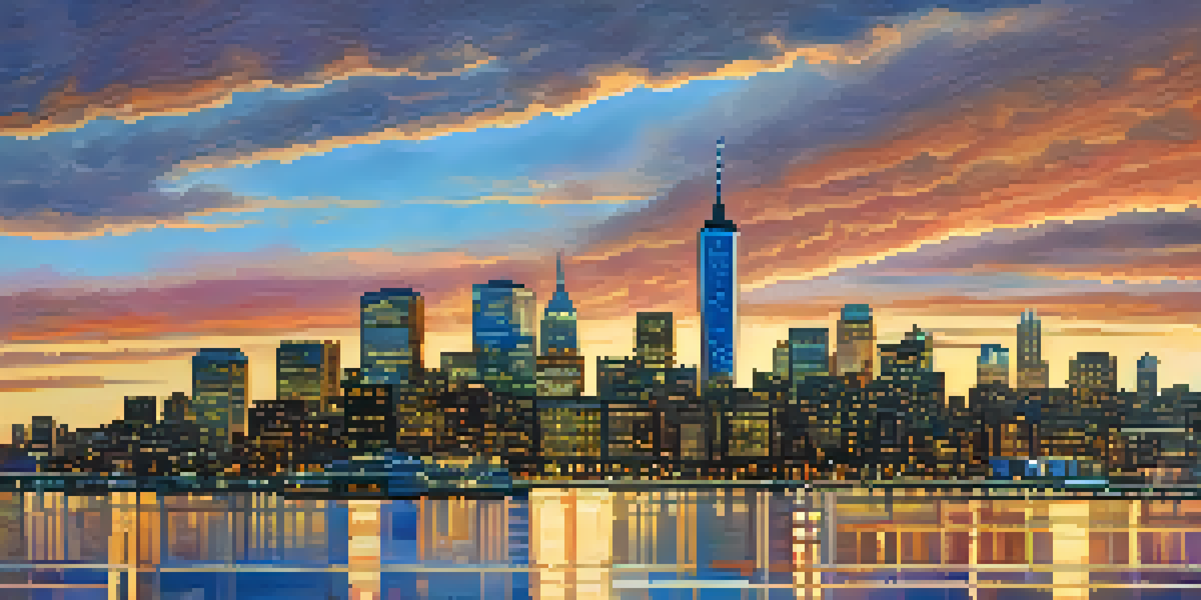 A panoramic view of Jersey City skyline at sunset with high-rise buildings and historic brownstones along the Hudson River.