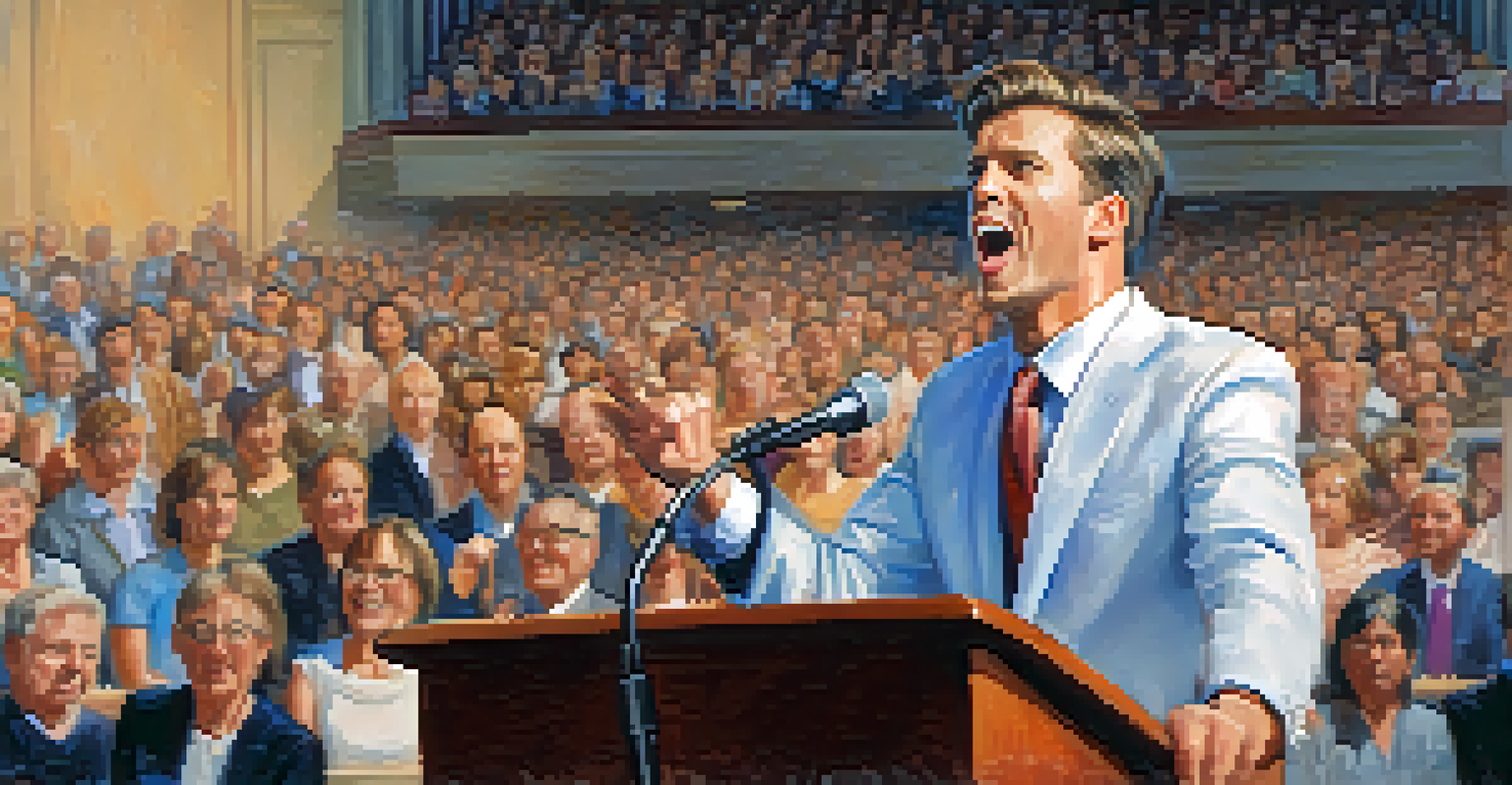 Close-up of a person's hands gesturing while delivering a speech, with a blurred audience in the background.