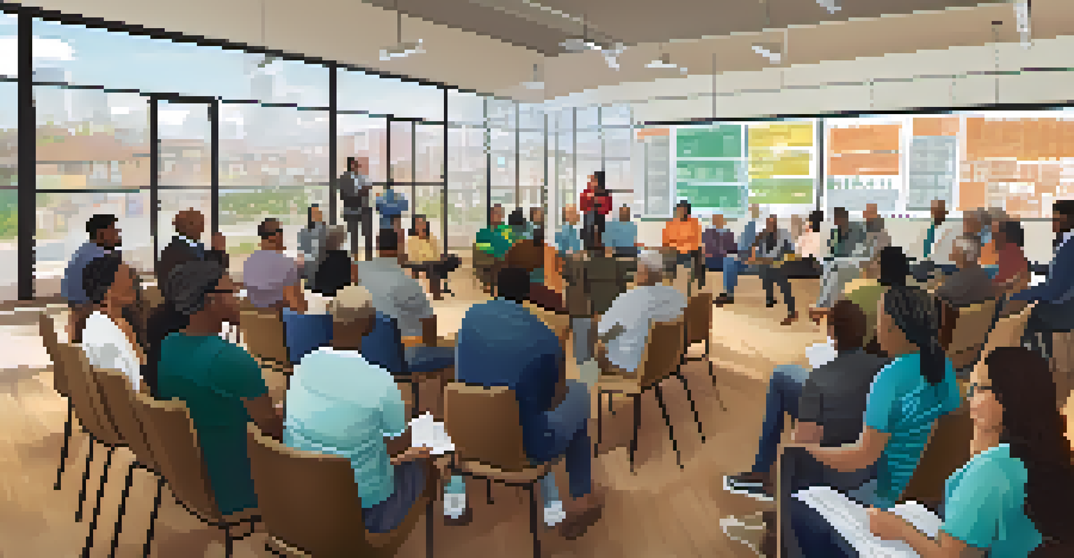 Residents in a community meeting discussing housing affordability, with charts on the walls and engaged participants in a bright room.