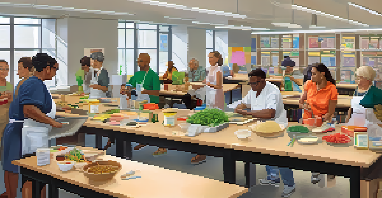 A workshop in a library with adults engaged in learning cooking techniques, featuring an instructor and colorful decorations.