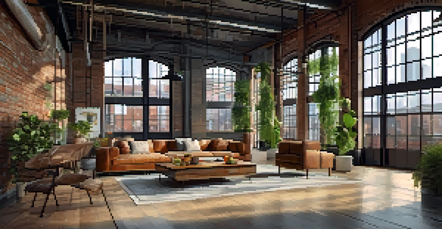 An interior view of a stylish loft in a repurposed industrial building, featuring exposed brick walls, large windows, and contemporary decor.