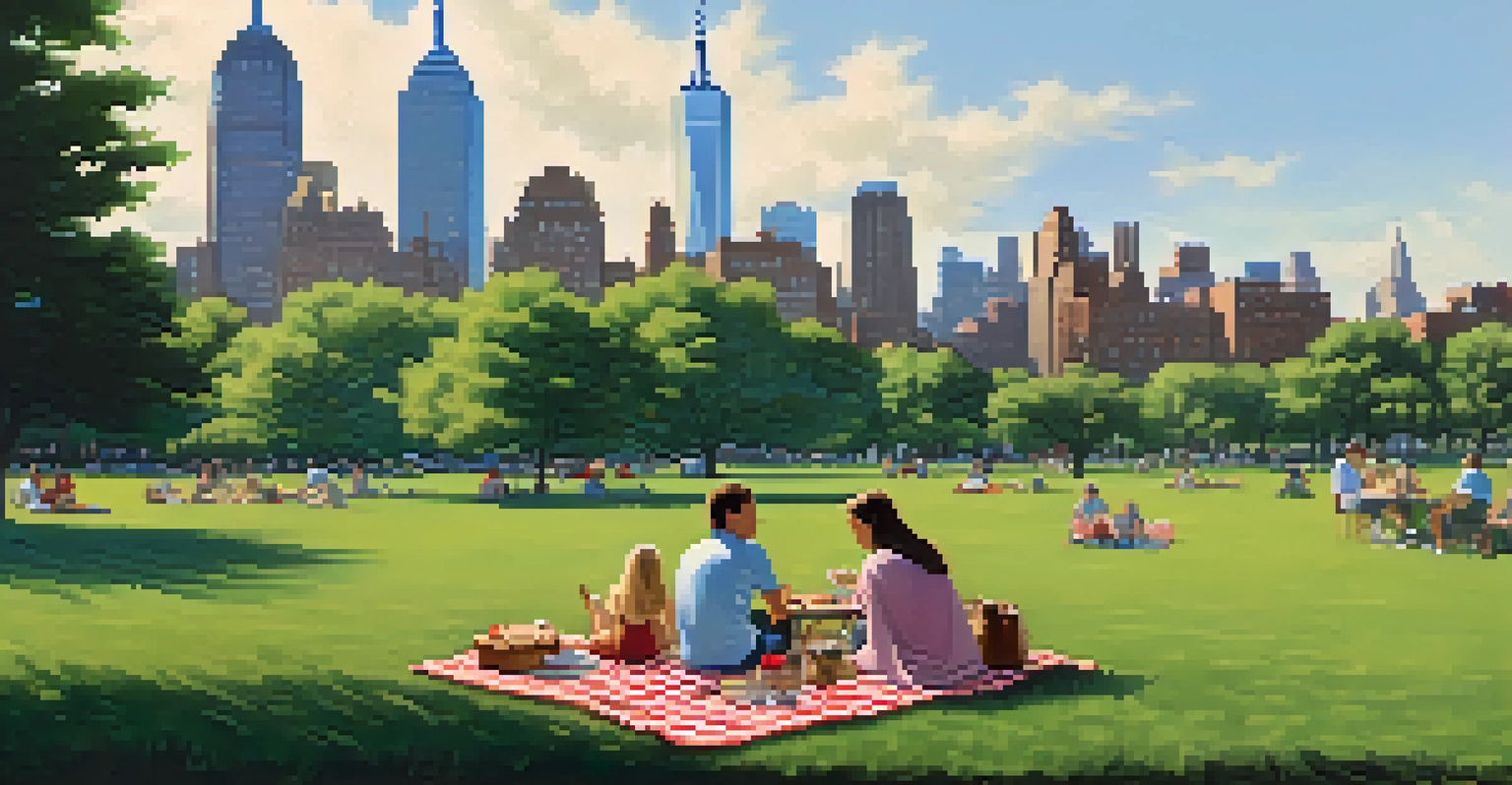 A picnic setup on green grass in a park, with the Manhattan skyline in the background and people enjoying their meals.